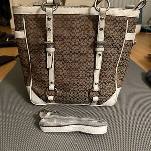 Coach Gallery Tote F11526 - Signature Khaki Canvas & White Leather Trim + Strap